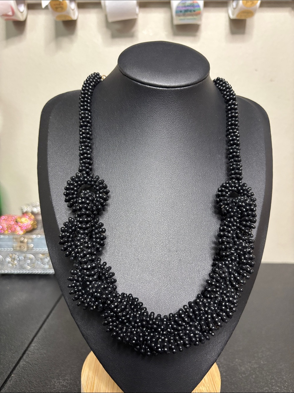Chunky Black Beaded Silver Tone Statement Necklace